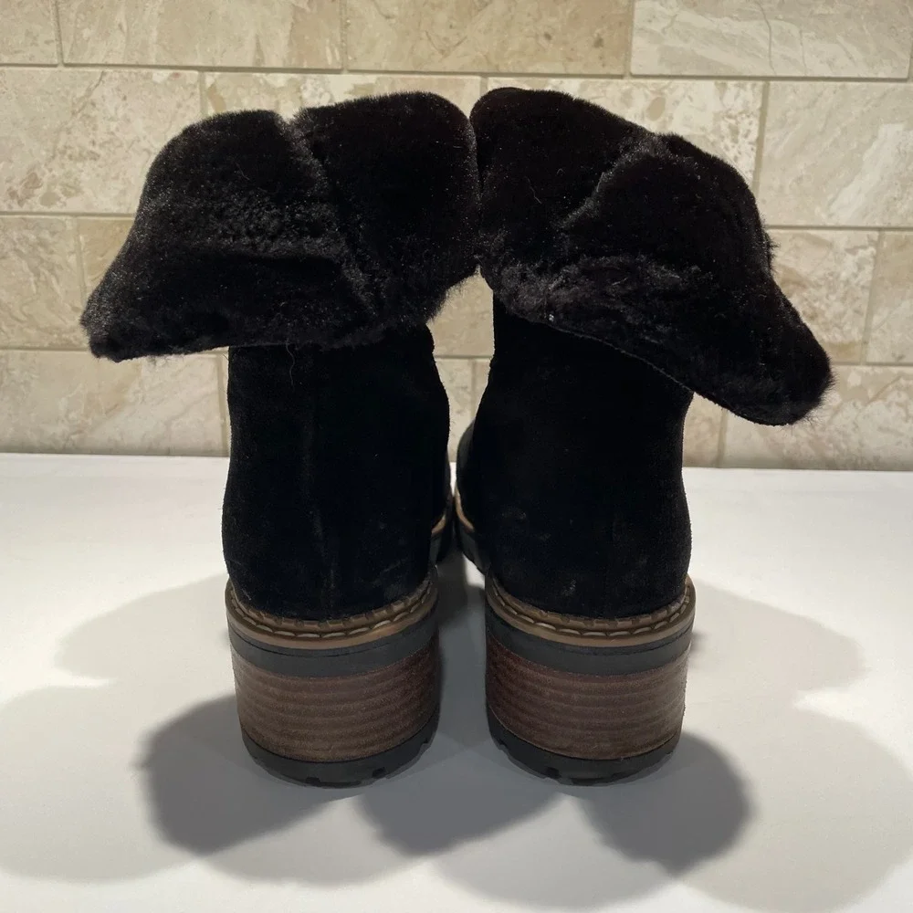 Bertuchi Black Suede Faux Fur Lined Ankle Boots Made‎ in Spain Lug Sole Size 8.5